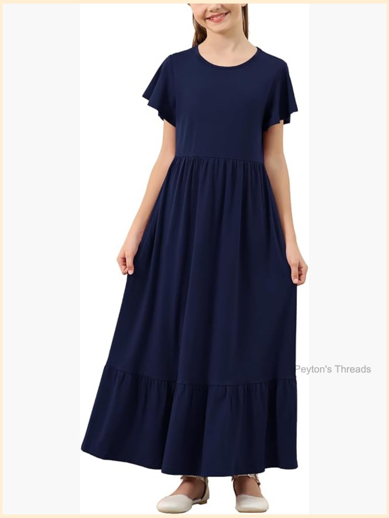 Girls Flowy Short Sleeve Ruffle Hem Long Maxi Dress For Kids